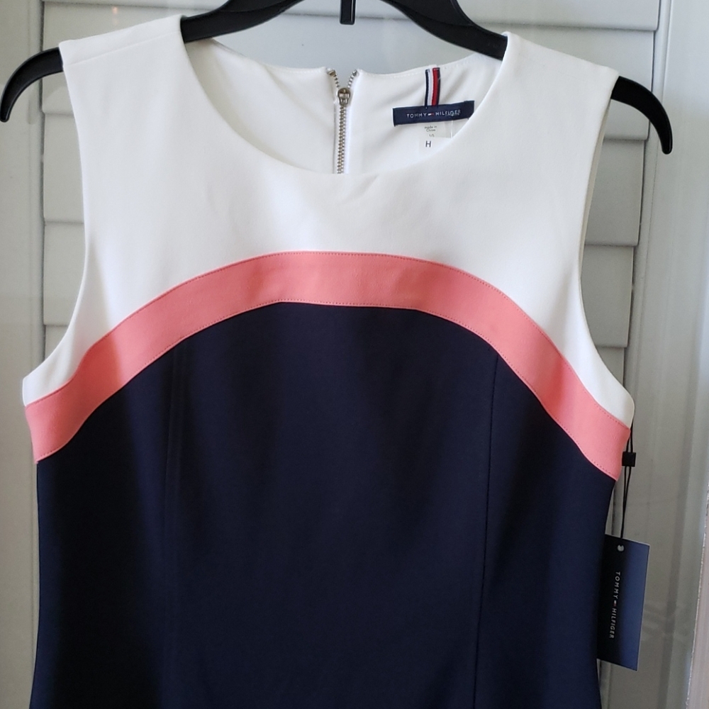 Tommy Hilfiger Navy/Coral/White Sheath Dress Sz10 - Picture 2 of 10